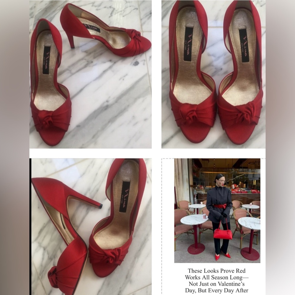 NINA ,DEEP RED SATIN PEEP TOE HEELS